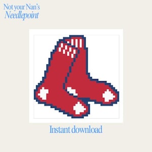 May include: Pixelated image of two red socks with white accents, resembling a sports team logo. The text "Not your Nan's Needlepoint" is at the top, and "Instant download" is at the bottom.