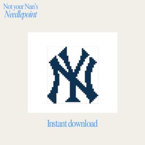 May include: A digital download featuring a navy blue and white pixelated design of the New York Yankees logo. The text "Not your Nan's Needlepoint" and "Instant download" are also included.