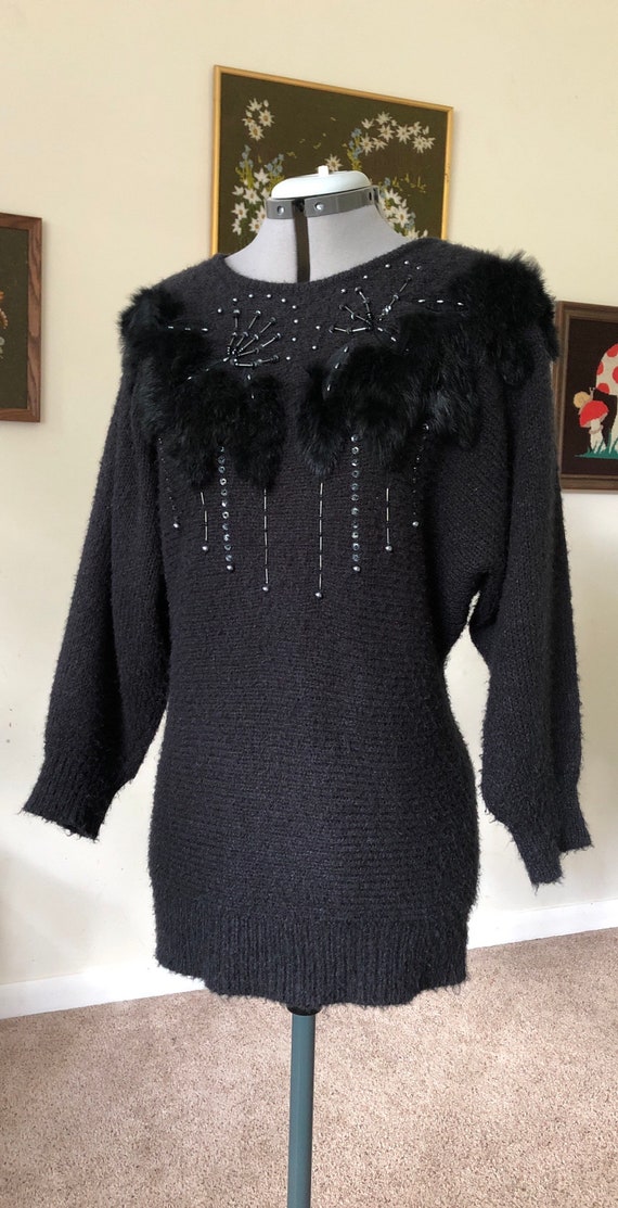 Embellished Jumper Faux Fur Sleeve Jumper Dress Midi Sweater Dress With  Removable Faux Fur Collar And