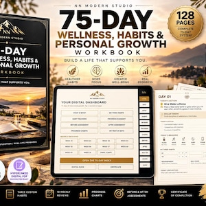 May include: A 75-day wellness, habits, and personal growth workbook by NN Modern Studio. The set includes a 128-page book, a digital dashboard interface, and printable pages featuring daily actions, habit trackers, and weekly reviews in A4 and US Letter.