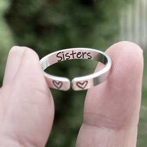 Sisters Ring, Rings for Sisters, Personalized Sister Ring, Sterling Silver Adjustable Ring, Gift for Sister, Best Friend Jewelry, Heart Ring