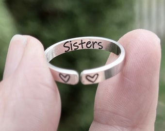 Sisters Ring, Rings for Sisters, Personalized Sister Ring, Sterling Silver Adjustable Ring, Gift for Sister, Best Friend Jewelry, Heart Ring
