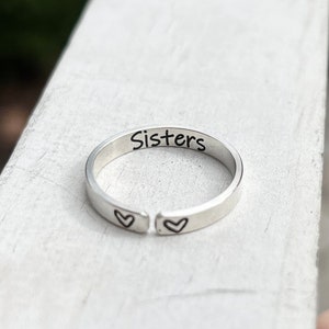 Adjustable Sterling Silver Sister Ring: Engraved Heart Jewelry