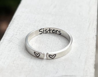 Bague soeur ajustable en argent sterling : bijoux coeur gravés