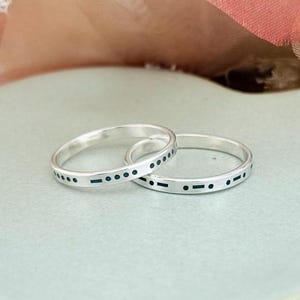 Stacking Morse Code Ring in Solid Sterling Silver, Secret Message Jewelry, Hidden meaning gift, Dots and Dashes jewelry, Engraved Coded Ring