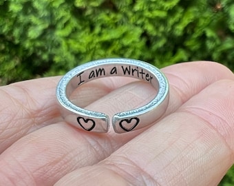 I am a Writer Ring: Hand Stamped Adjustable Aluminum Jewelry