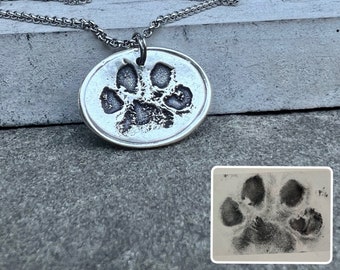 Rustic Paw Print Necklace, Real Paw Print Charm, Pet Memorial, Solid Silver, Pet Sympathy, Dog or Cat Paw, Animal Paw, Deep Engraving Paw