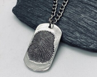 Fingerprint Dog Tag Charm in Solid Sterling Silver, Thumbprint Charm, Option for Handwriting on Back, Fingerprint Necklace, Handwriting