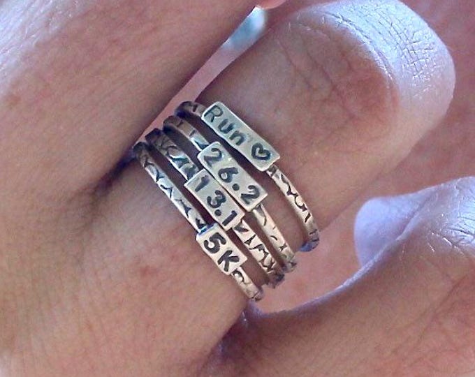 Runner Ring stackable Sterling silver marathon gift– Engraved Race Distance, Marathon Jewelry, 5K Race Ring, half marathon jewelry, 925