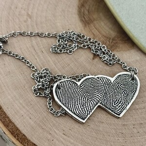 Two Fingerprints Heart Necklace, Pure Silver Double Thumbprint Stationary Charm, Handmade in the USA, Woman Owned Small Business image 11