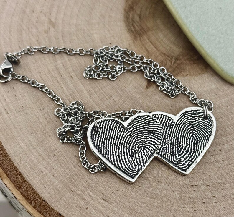 Two Fingerprints Heart Necklace, Pure Silver Double Thumbprint Stationary Charm, Handmade in the USA, Woman Owned Small Business image 11