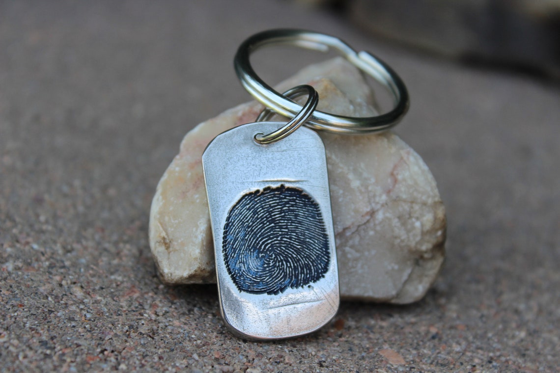 Fingerprint Keychain Fingerprint is Pressed into the Metal Etsy