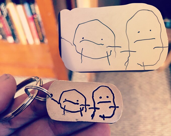 Child's Drawing Keychain, Artwork pressed deep into metal (not simply engraved), Great gift for Dad, Father’s Day Gift