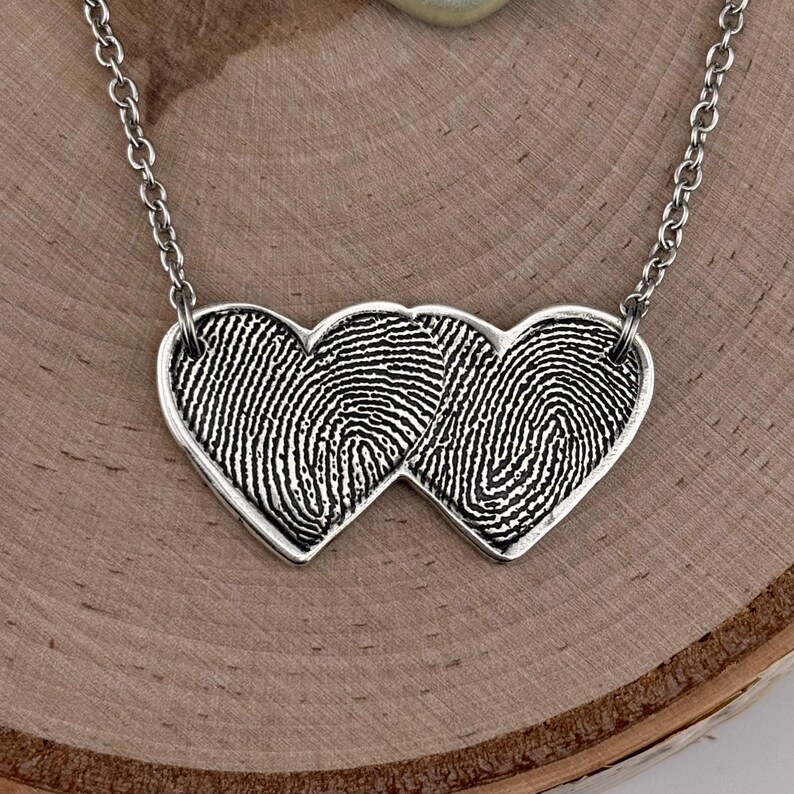 Two Fingerprints Heart Necklace, Pure Silver Double Thumbprint Stationary Charm, Handmade in the USA, Woman Owned Small Business image 8
