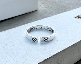 You are Loved Inspirational Ring, Solid Sterling Silver, Adjustable Sterling Silver Ring, Stackable Sterling Silver Ring, Motivational Ring