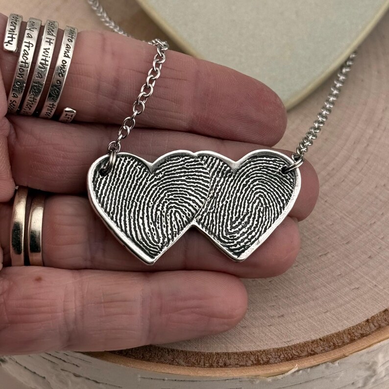 Two Fingerprints Heart Necklace, Pure Silver Double Thumbprint Stationary Charm, Handmade in the USA, Woman Owned Small Business image 9