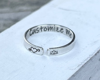 Custom Sterling Silver Adjustable Ring, Custom Saying Ring, Custom Wording Ring, Custom Symbol Ring, Solid Sterling Silver Customized Ring