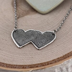 Two Fingerprints Heart Necklace, Pure Silver Double Thumbprint Stationary Charm, Handmade in the USA, Woman Owned Small Business image 6