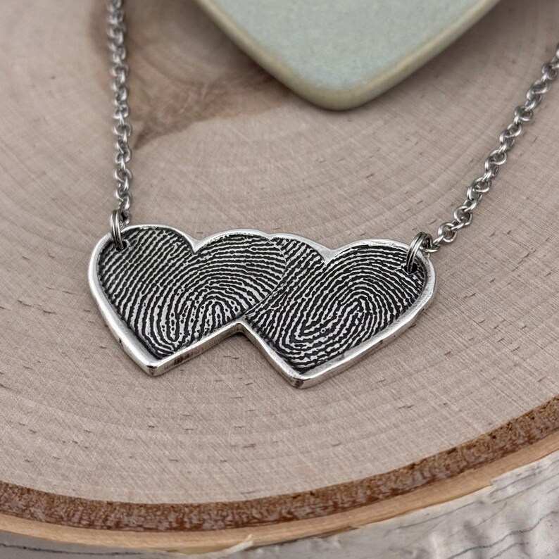 Two Fingerprints Heart Necklace, Pure Silver Double Thumbprint Stationary Charm, Handmade in the USA, Woman Owned Small Business image 6
