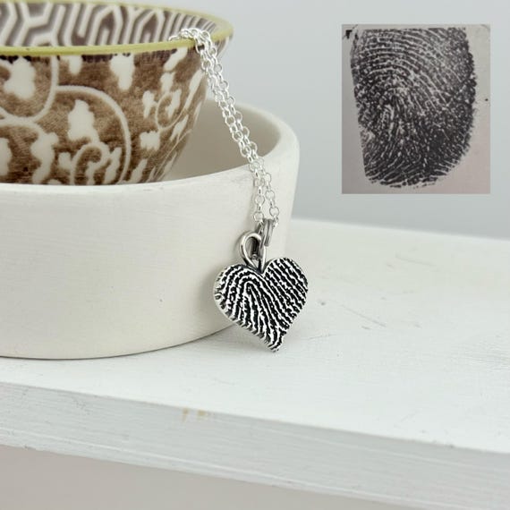 Fingerprint Heart Charm - Tangible Thumbprint Pendant -  Pure Silver Memorial Sympathy Necklace | Woman Owned Small Business-Handmade in USA
