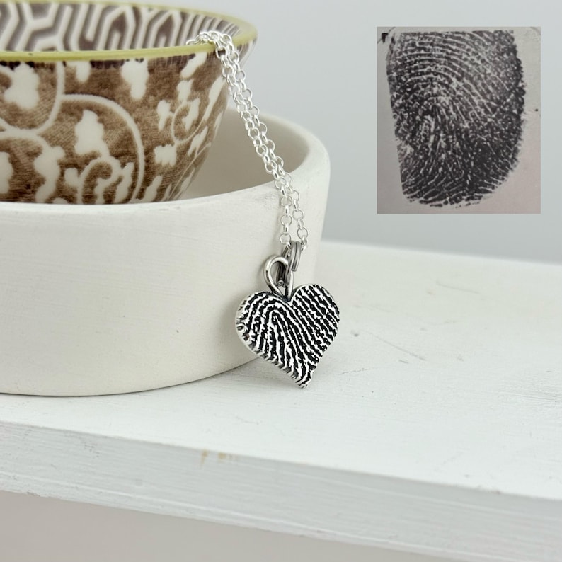 Fingerprint Heart Charm - Tangible Thumbprint Pendant - Pure Silver Memorial Sympathy Necklace | Woman Owned Small Business-Handmade in USA image 1