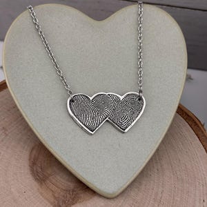 Two Fingerprints Heart Necklace, Pure Silver Double Thumbprint Stationary Charm, Handmade in the USA, Woman Owned Small Business image 7