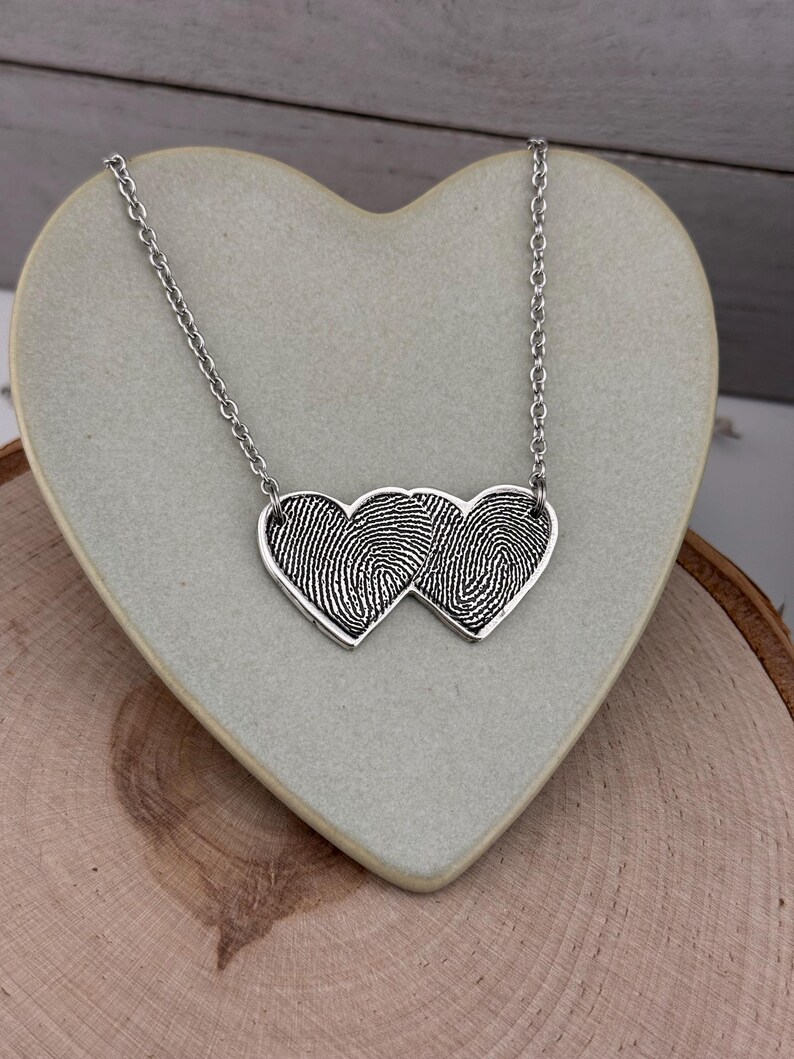 Two Fingerprints Heart Necklace, Pure Silver Double Thumbprint Stationary Charm, Handmade in the USA, Woman Owned Small Business image 7