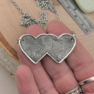 Two Fingerprints Heart Necklace, Pure Silver Double Thumbprint Stationary Charm, Handmade in the USA, Woman Owned Small Business image 1