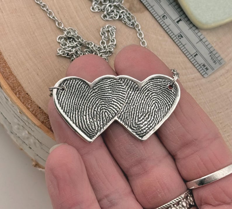 Two Fingerprints Heart Necklace, Pure Silver Double Thumbprint Stationary Charm, Handmade in the USA, Woman Owned Small Business image 1