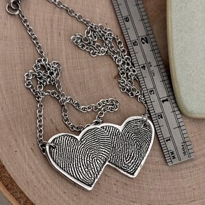 Two Fingerprints Heart Necklace, Pure Silver Double Thumbprint Stationary Charm, Handmade in the USA, Woman Owned Small Business image 4