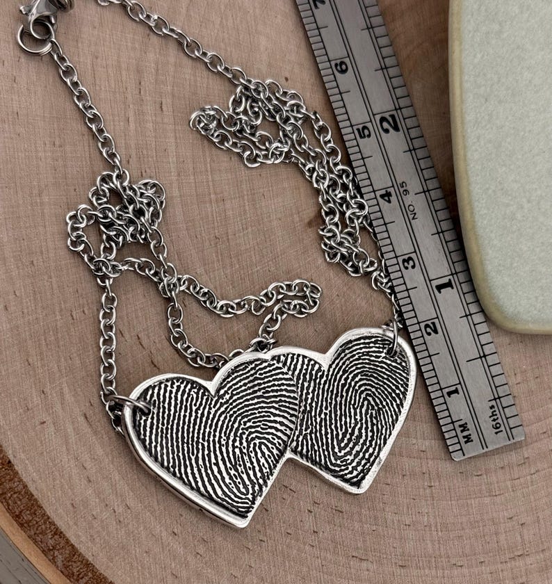 Two Fingerprints Heart Necklace, Pure Silver Double Thumbprint Stationary Charm, Handmade in the USA, Woman Owned Small Business image 4
