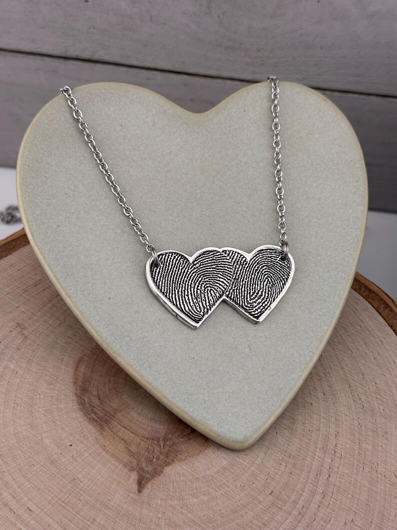 Two Fingerprints Heart Necklace, Pure Silver Double Thumbprint Stationary Charm, Handmade in the USA, Woman Owned Small Business image 15