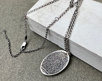 Fingerprint Charm, Thumbprint Charm, Handwriting on Back, Fingerprint Necklace, Thumbprint Necklace, Solid Sterling Silver, Adjustable Chain