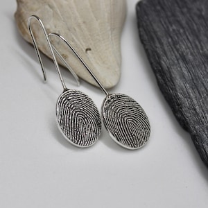 Fingerprint Earrings, Drop down fingerprint earrings, solid sterling silver fingerprint earrings, Memorial Keepsake Jewelry, Fingerprint