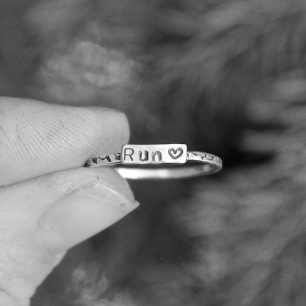 Runner Ring, Rings for Runners, Solid sterling silver stackable Runner's Rings, Running Rings, tiny writing, half marathon ring, 5K jewelry