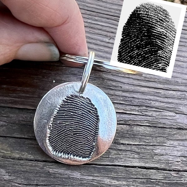 Fingerprint Keychain, Fingerprint is Pressed into the Metal, Single Fingerprint on a Keychain, Created from Image of Fingerprint, Memorial