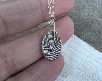 Thumbprint Charm, Thumbprint Necklace, Small Teardrop shape, Solid Silver Charm, Handwriting on Back, Fingerprint Jewelry, Memorial Jewelry