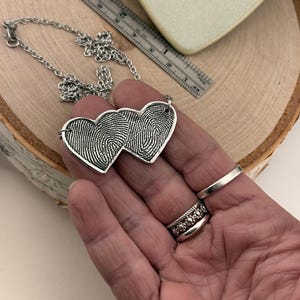 Two Fingerprints Heart Necklace, Pure Silver Double Thumbprint Stationary Charm, Handmade in the USA, Woman Owned Small Business image 16