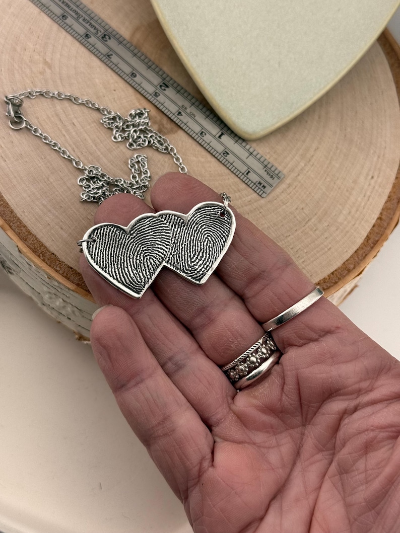 Two Fingerprints Heart Necklace, Pure Silver Double Thumbprint Stationary Charm, Handmade in the USA, Woman Owned Small Business image 16