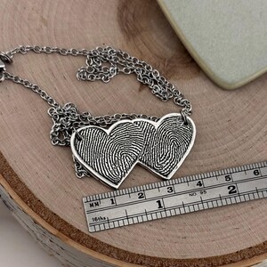 Two Fingerprints Heart Necklace, Pure Silver Double Thumbprint Stationary Charm, Handmade in the USA, Woman Owned Small Business image 3