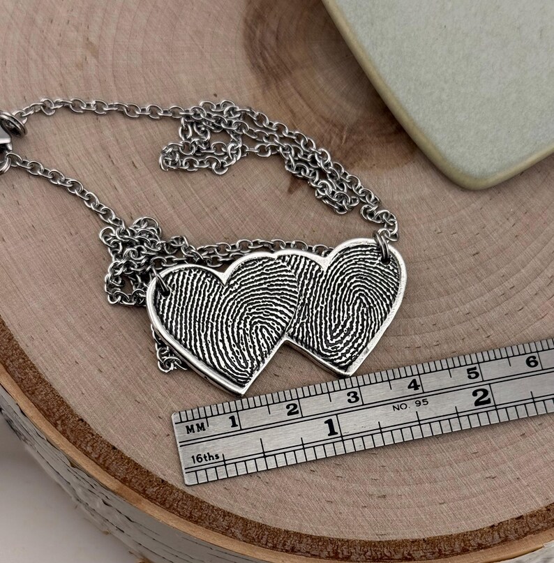 Two Fingerprints Heart Necklace, Pure Silver Double Thumbprint Stationary Charm, Handmade in the USA, Woman Owned Small Business image 3