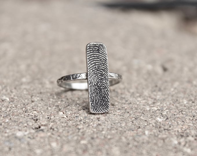 Rectangular Fingerprint Ring in Sterling Silver with Textured Ring Band