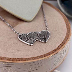 Two Fingerprints Heart Necklace, Pure Silver Double Thumbprint Stationary Charm, Handmade in the USA, Woman Owned Small Business image 12