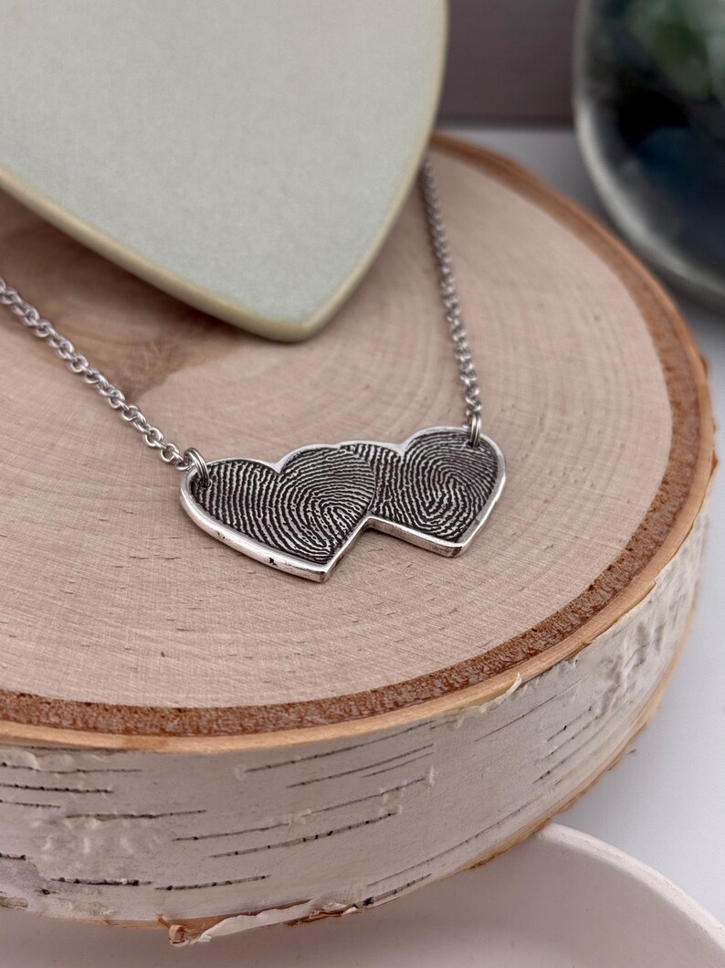 Two Fingerprints Heart Necklace, Pure Silver Double Thumbprint Stationary Charm, Handmade in the USA, Woman Owned Small Business image 12