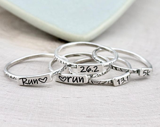 Race Distance Rings, Stackable Runner Rings, Solid Sterling Silver, Race Distance, Marathon Run Jewelry, 5K Race Ring, half marathon jewelry
