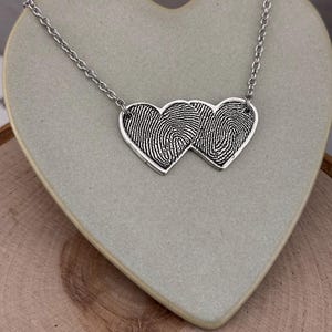 Two Fingerprints Heart Necklace, Pure Silver Double Thumbprint Stationary Charm, Handmade in the USA, Woman Owned Small Business image 10