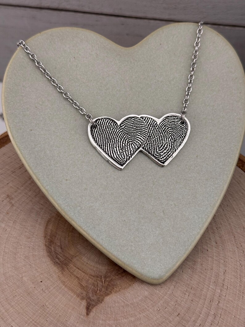 Two Fingerprints Heart Necklace, Pure Silver Double Thumbprint Stationary Charm, Handmade in the USA, Woman Owned Small Business image 10