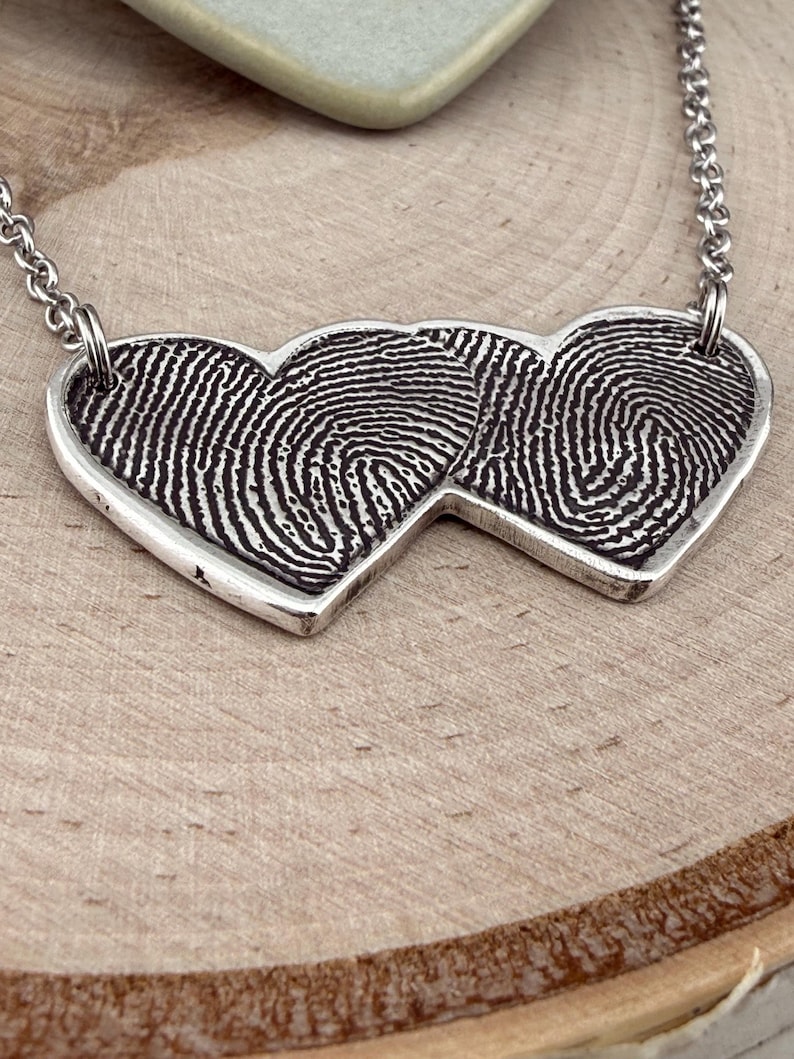 Two Fingerprints Heart Necklace, Pure Silver Double Thumbprint Stationary Charm, Handmade in the USA, Woman Owned Small Business image 14