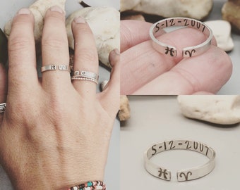 Zodiac Sign Couples Ring, Ring for Couples, Anniversary Ring Zodiac, Solid Sterling Silver, Boyfriend Sign, Girlfriend Sign, Zodiac Signs