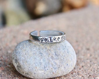 Dog Name Ring, Paw Print Stamps, Adjustable Ring, Hand-Stamped Ring, Stackable Ring, Dog Name Stamped with Paw Prints, Inspirational Ring